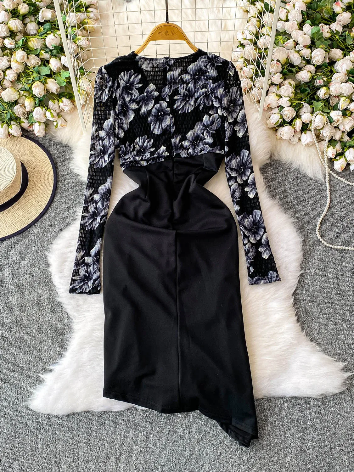 Chic vintage sexy scollo a V Draw String stampa manica lunga slim Elegante Fata moda coreana Boho Sundress abbigliamento donna