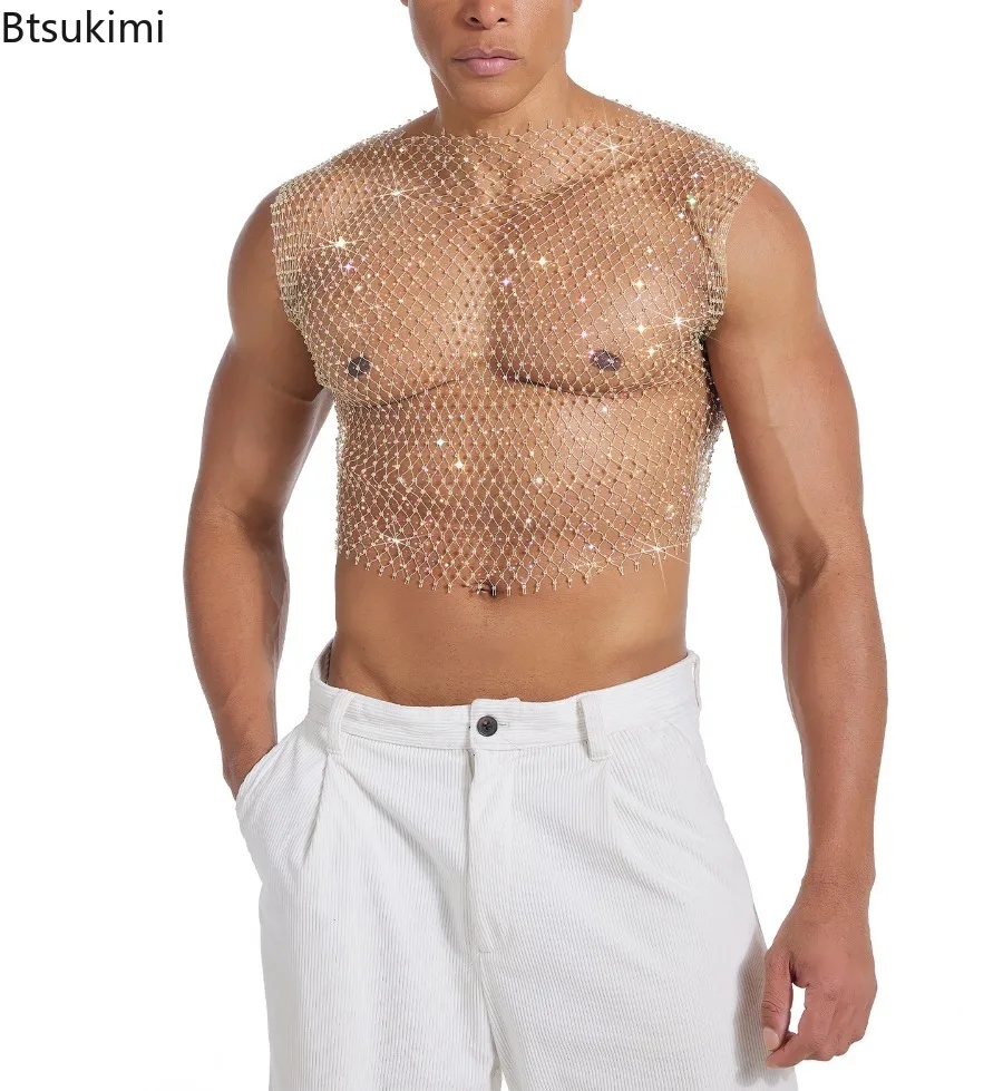 2026 New Men's Hollow Out Mesh Tank Tops Fashion Diamond Style Summer Sleeveless T-Shirts Man Breathable Stage Nightclub Costume