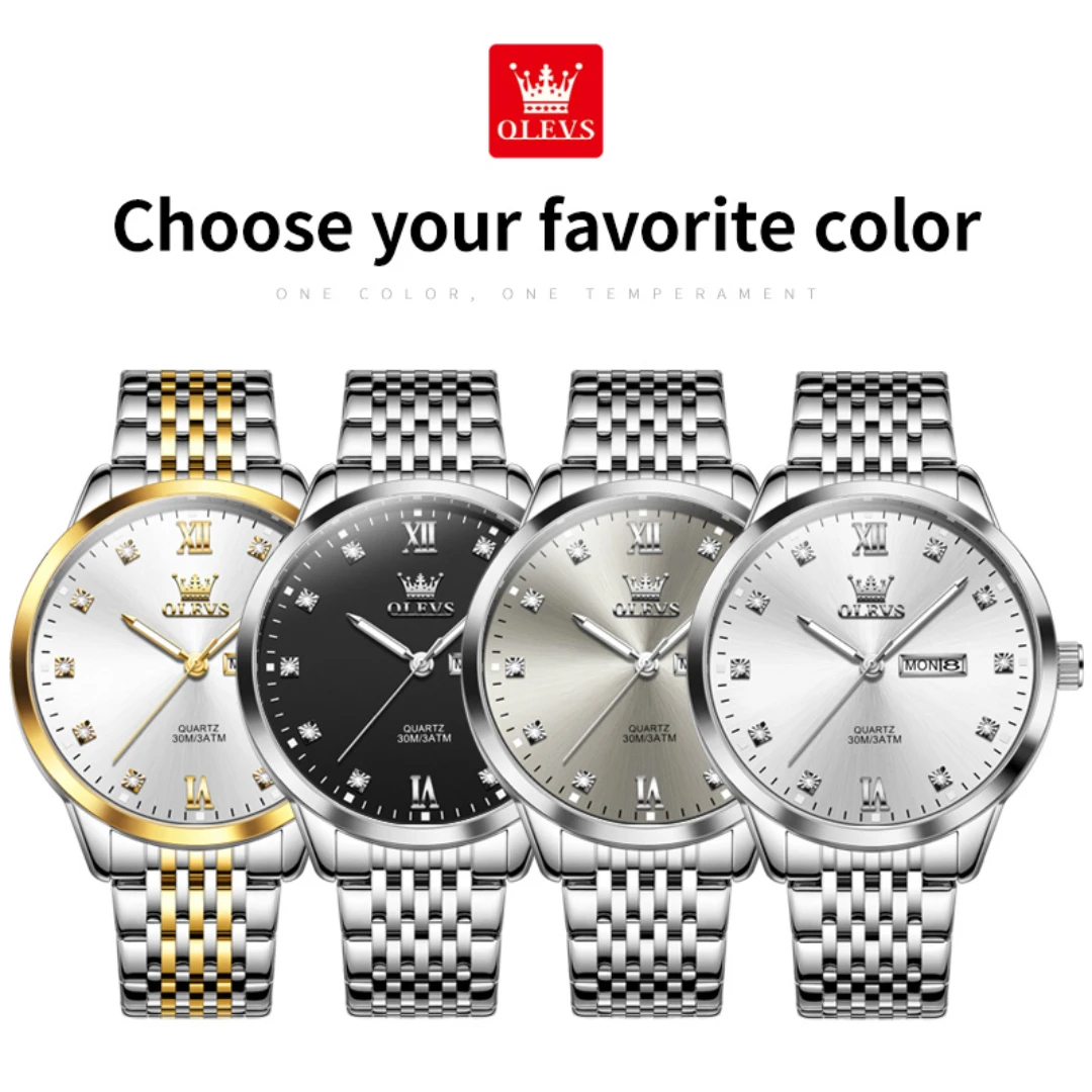 OLEVS 2943 Fashion Quartz Watch Gift Stainless Steel Watchband Round-dial Wristwatch Week Display Calendar
