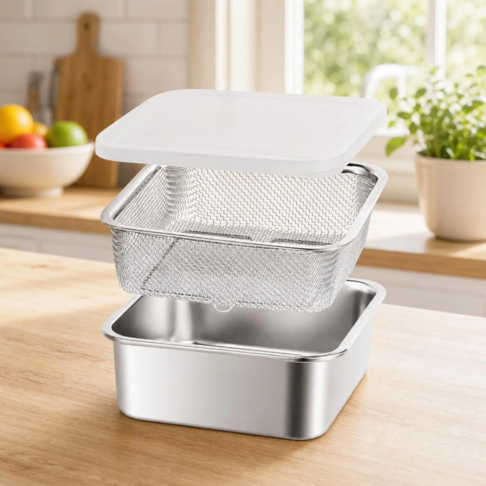 Single Compartment Stainless Steel Food Keeper with Strainer Tray for Produce Rinsing and Vegetable Storage