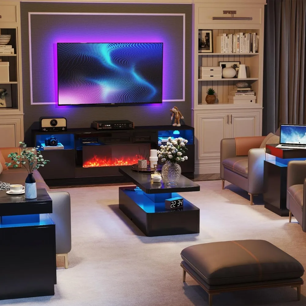 Modern Stylish Coffee Table with 16 Colors LED Lights, Double-Layer Design for Living Room