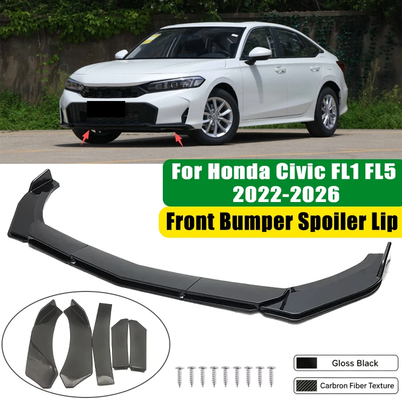 For Honda Civic FL1 FL5 2022-2026 5Pcs ABS Car Front Bumper Lip Spoiler Splitter Body Kit Canard Tuning Accessories