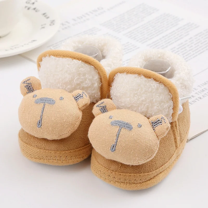 Winter Warm Newborn Baby Snow Boots Plush Booties Infant Girls Boys 3D Cartoon Bear Anti-Slip Soft Bottom Toddler Walking Shoes