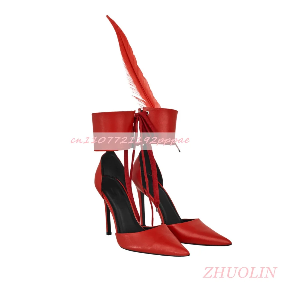 

2026 Spring New Red Lace-Up High Heels Pointed Toe Stiletto Heel Feather Design Pumps Elegant Party Wedding Shoes Gladiator 46