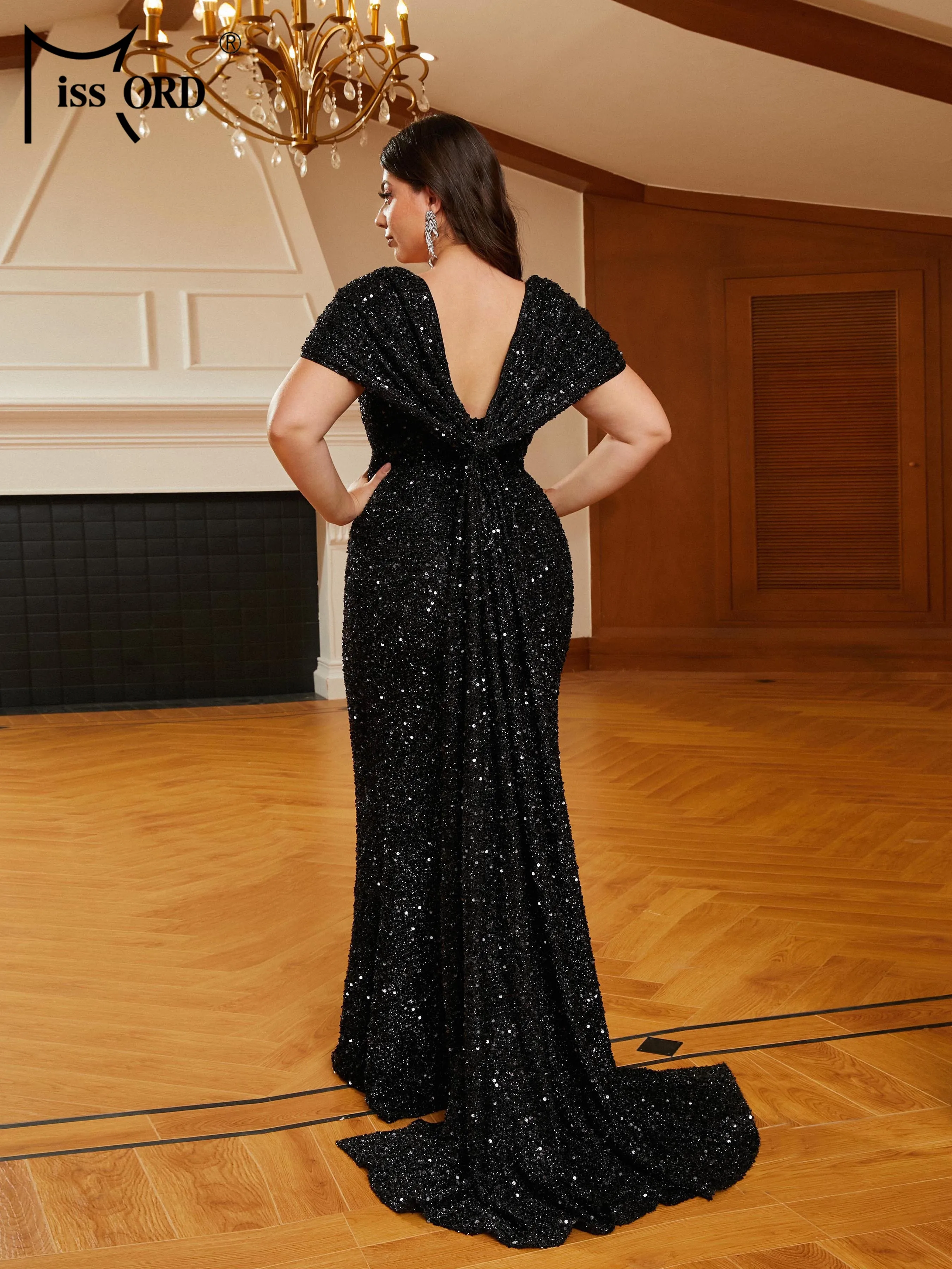 Missord New Plus Size Black Draped V-neck Short Sleeved Sequin Mermaid Evening Floor Length Dress