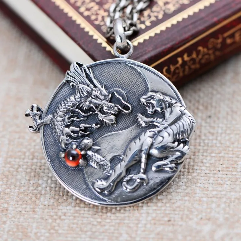 BOCAI New S925 Silver Jewelry Man Pendant Retro Tai Chi Bagua Dragon White Tiger Good Luck and Safe Birthday Gift