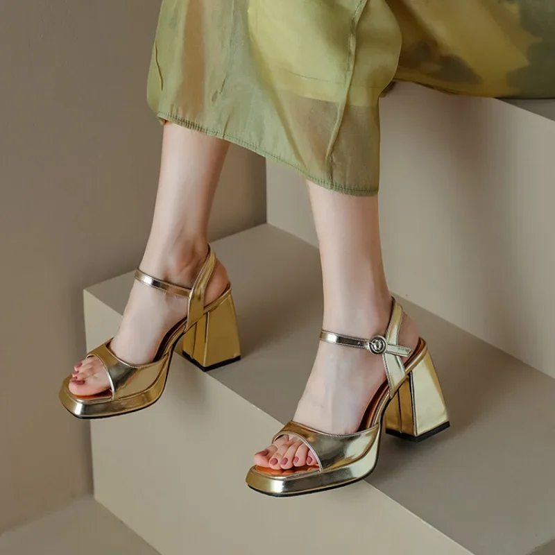 summer New styles fashion Fish beak Exposed toe high-heeled women\'s sandals golden silvery Buckle Square heel women sandals