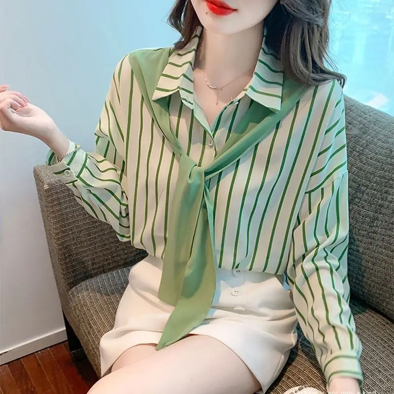 Spring Autumn New Turn-down Collar Long Sleeve Fashion Shirt Women High Street Casual Striped Button Cardigan Elegant Lacing Top