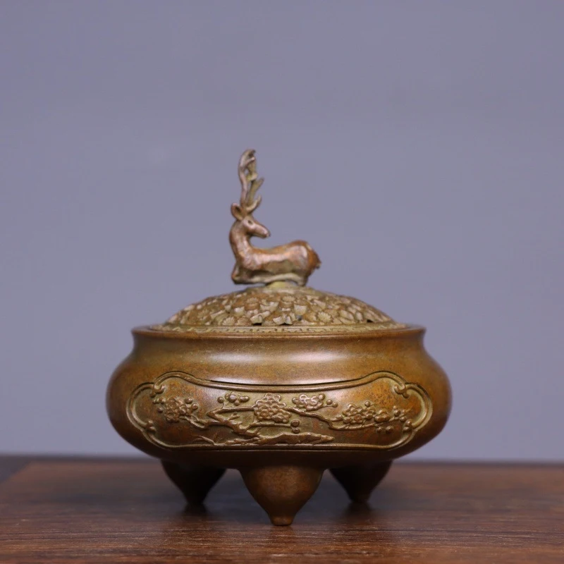All-copper three-legged with deer motif, home-use , indoor agarwood and sandalwood incense burner,