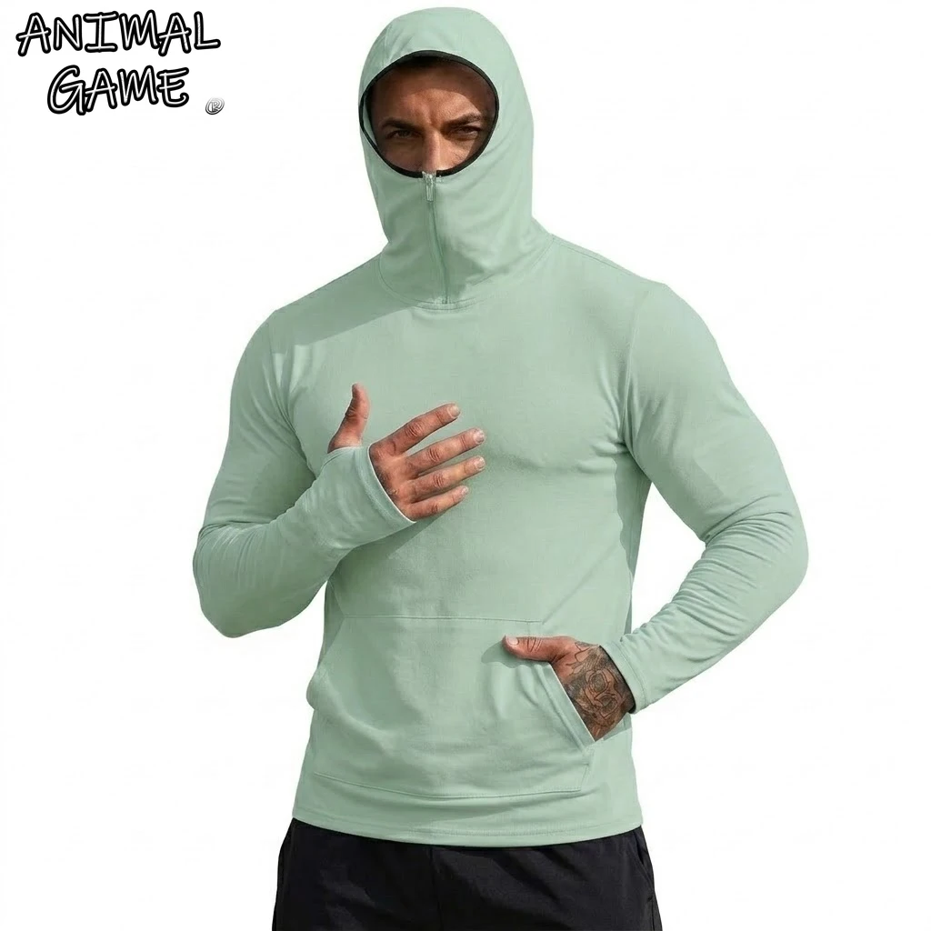 Camiseta com Capuz Masculina UPF50+ de Performance com Zíper, Camisetas de Secagem Rápida, Manga Longa, Proteção Solar, Roupas Finas para Pesca