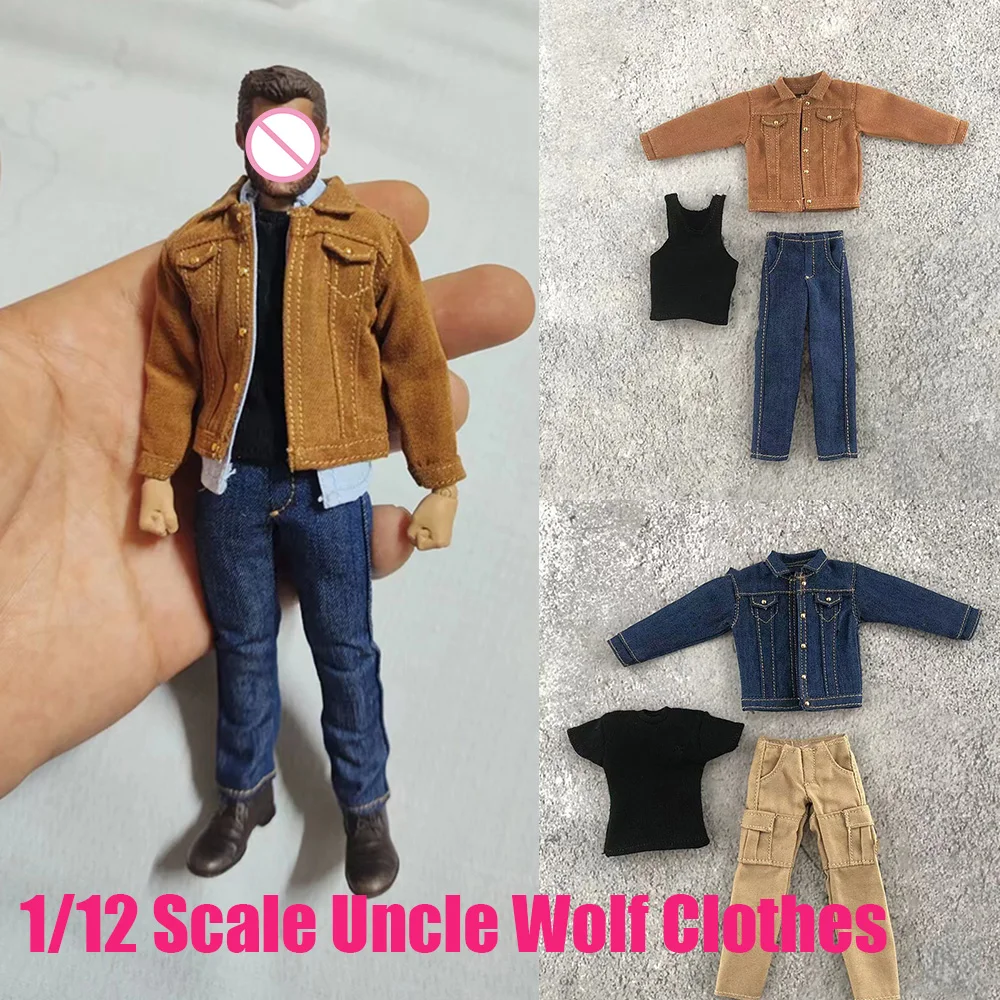 

1/12 Men Soldier Uncle Wolf Denim Jeans T-Shirt Long Sleeve Jacket Vest Clothes Accessory For 6 Inches Action Figure Body