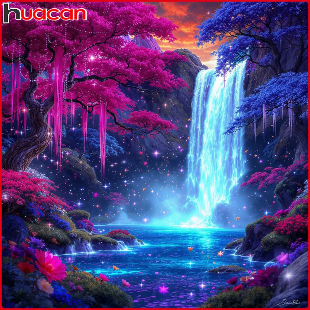 Huacan 5D-Diamantgemälde zum Selbermachen, Baum, Wasserfall, Diamant-Mosaik, Landschaft, neue Kollektion 2025, dekorative Gemälde