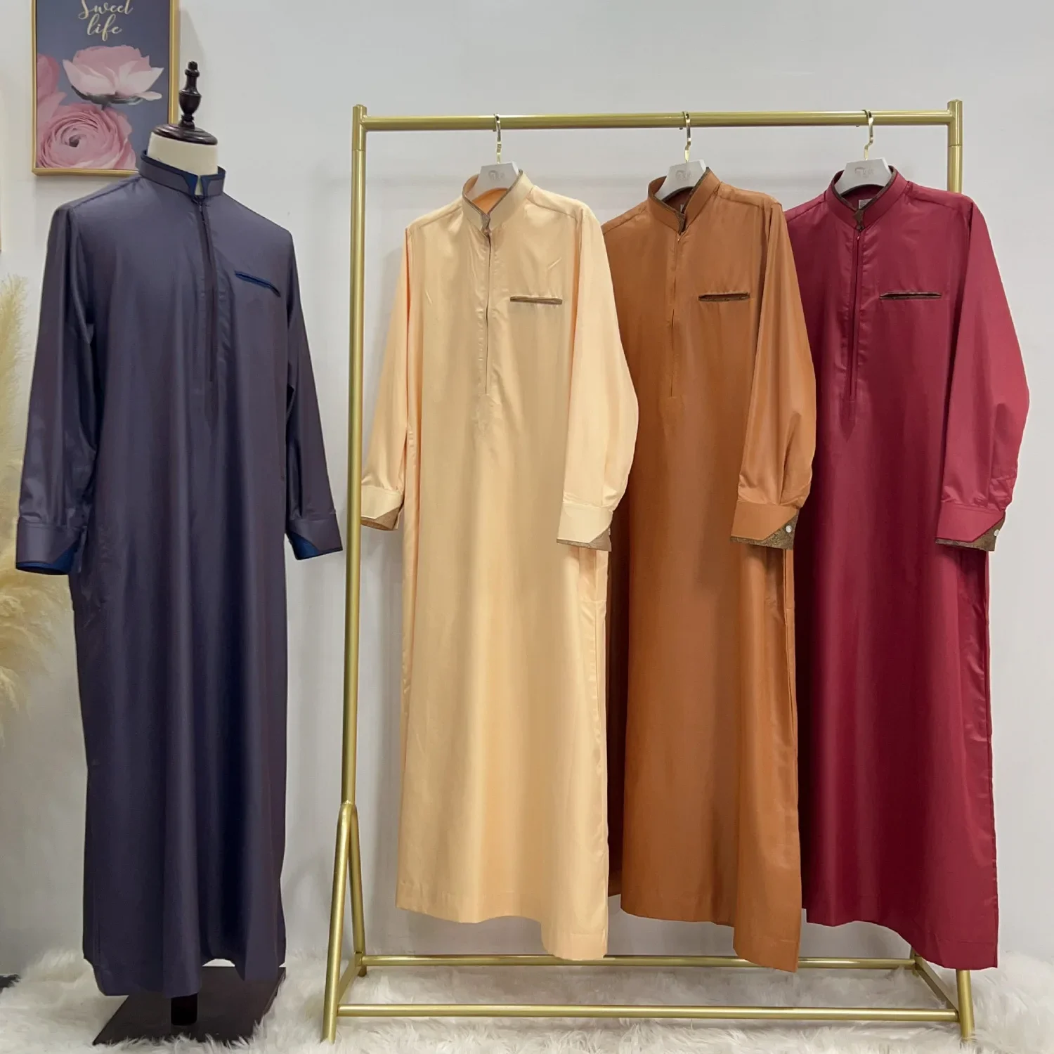 Eid Ramadan Abito da uomo Jubba Thobe Cappotto musulmano Caftano Islam Abaya Arabo saudita Thoub Djellaba Daffah Dishdasha Abbigliamento Abito