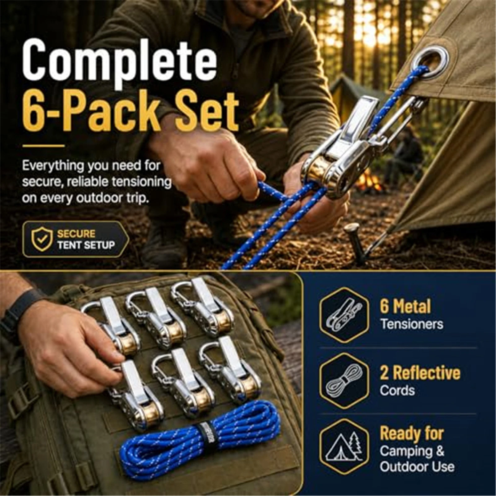 6pcs Paracord Tensioner with 2 Reflective Nylon Cord Rope Tightener Tensioner for Camping Tarps Guy Lines Boating & Outdoor Gear