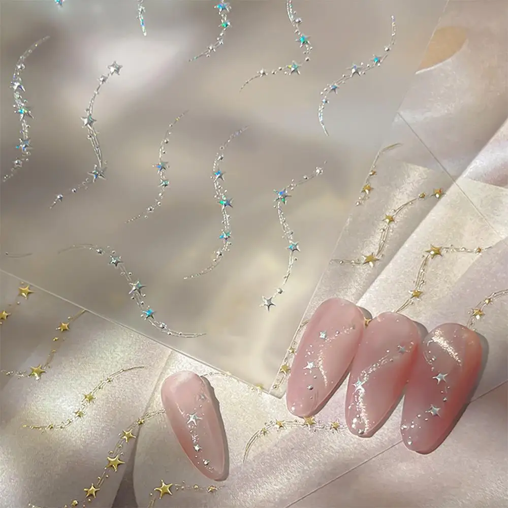 1 Stück 5D Gold Silber Französische Sternketten Nagelaufkleber Luxuriöse Meteor-Wellenlinien Selbstklebende Nagelsticker Elegante Französische Maniküre