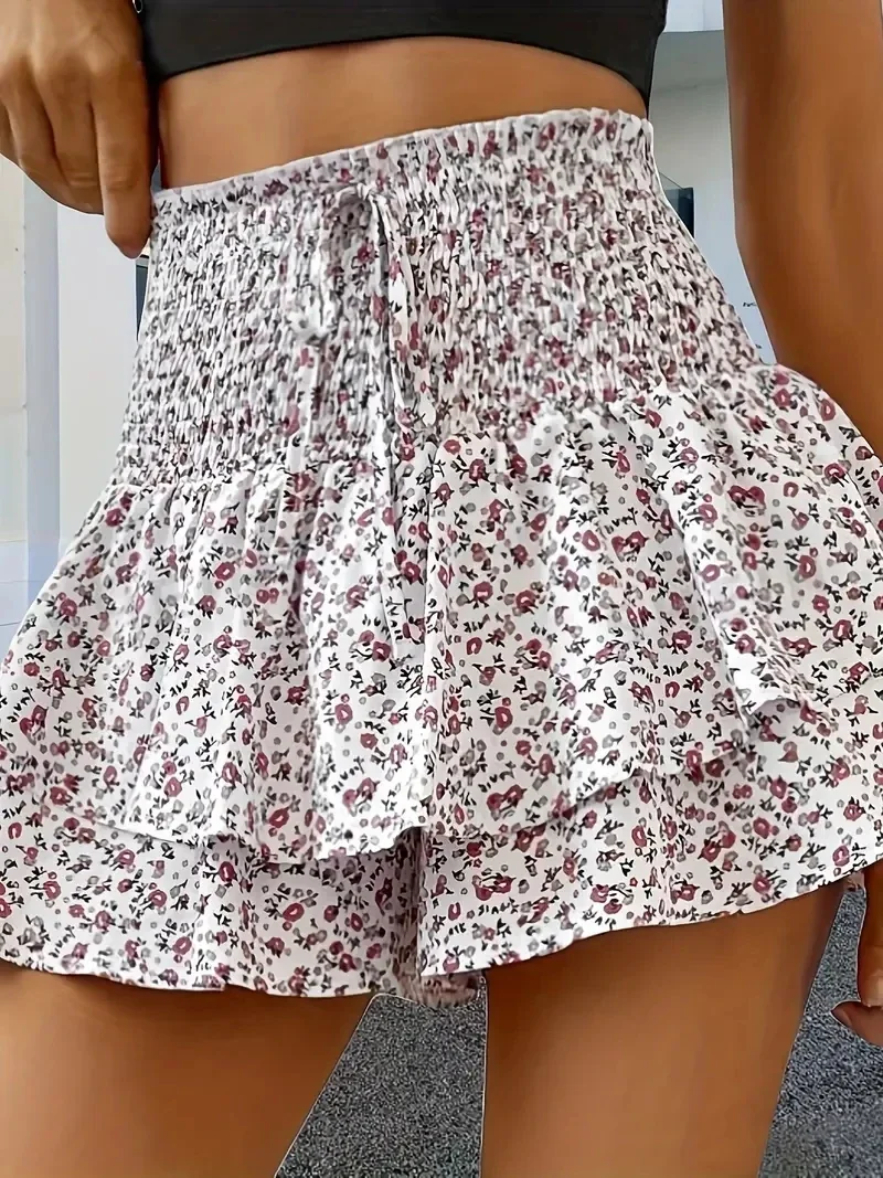 

Spring and summer small floral print elastic waist elegant layered hem shorts fashion casual high waist shorts
