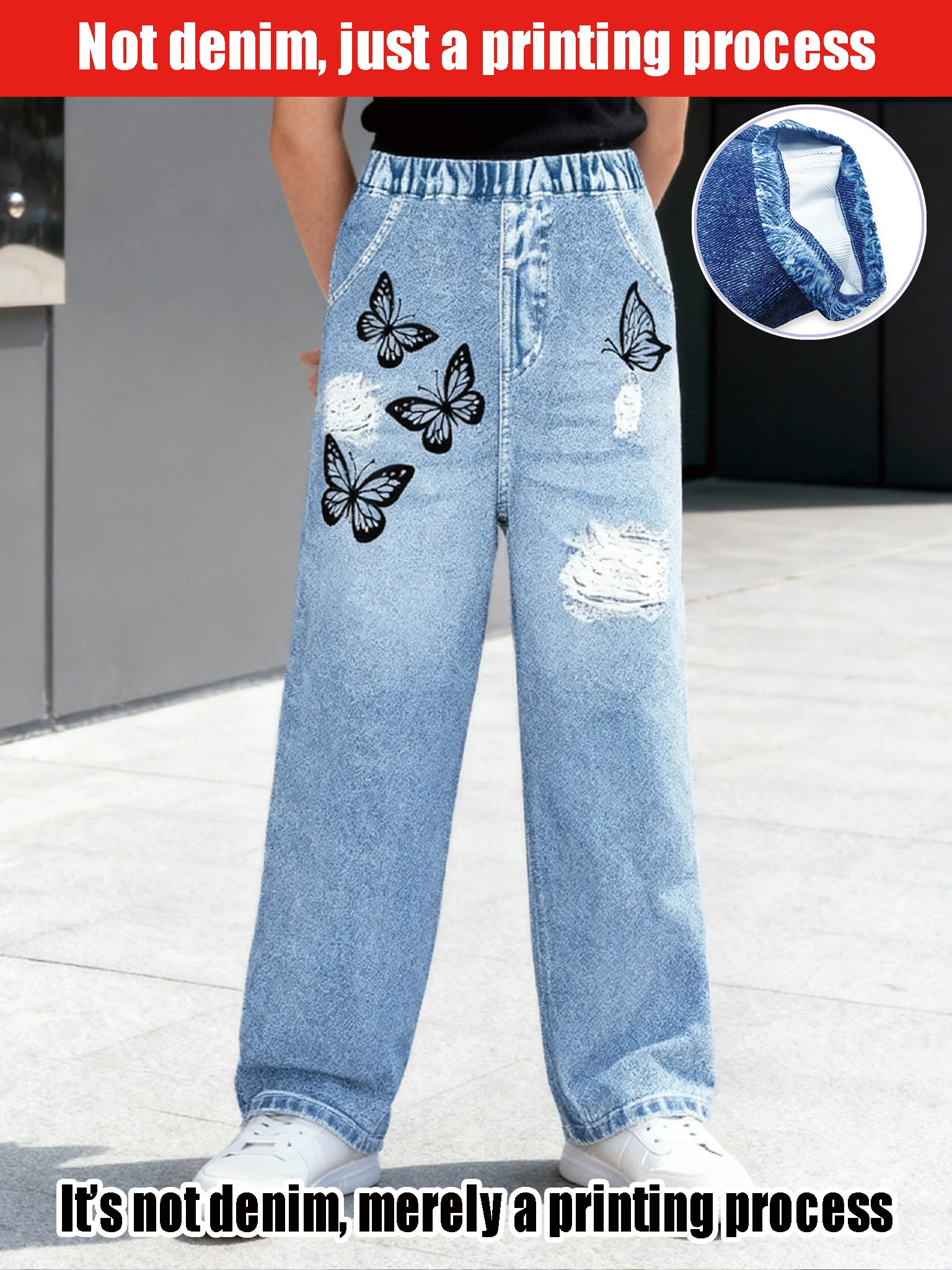 

2025 New Girls Butterfly Imitation Ripped Imitation Denim Trousers, Spring and Autumn High-waisted Straight Tube Imitation Jeans