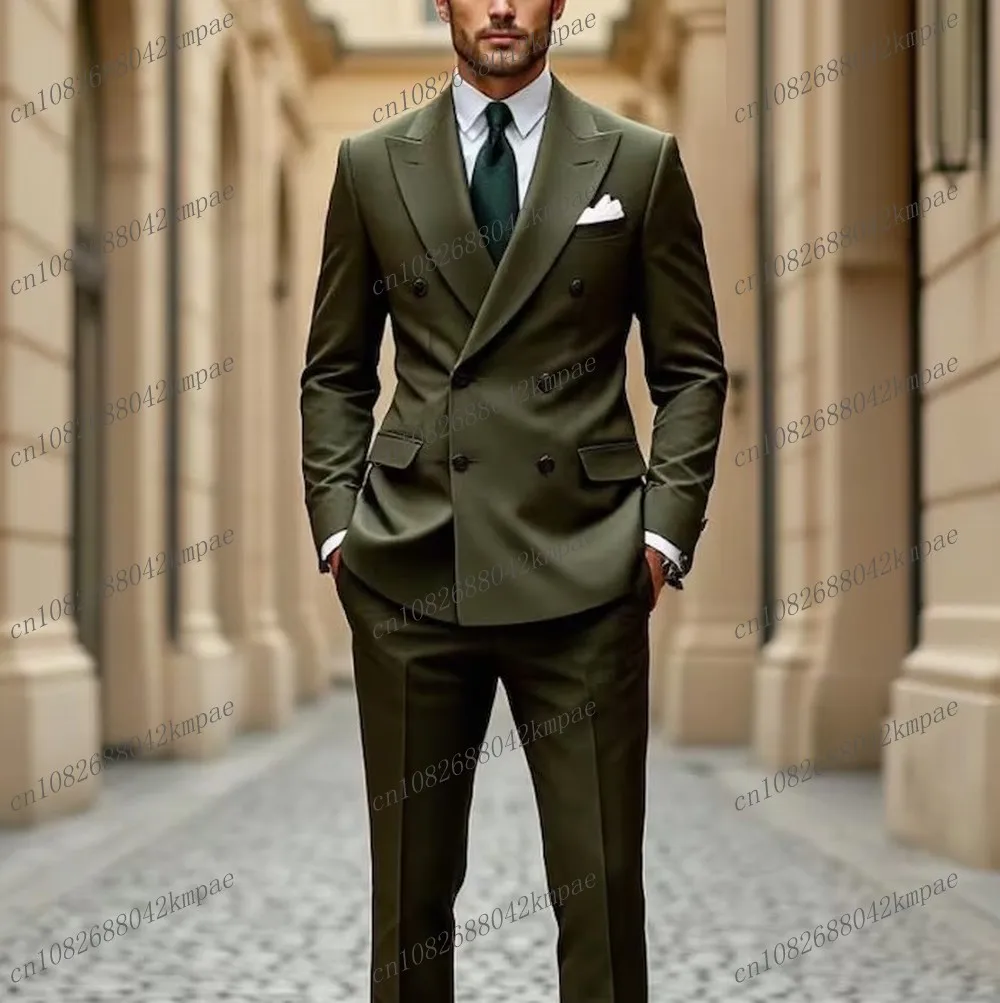 

Fashion Army Green Formal Occasion Men Suit Groom Groomsman Wedding Party Prom Business Male Tuxedos 2 Piece Set Blazer Pants