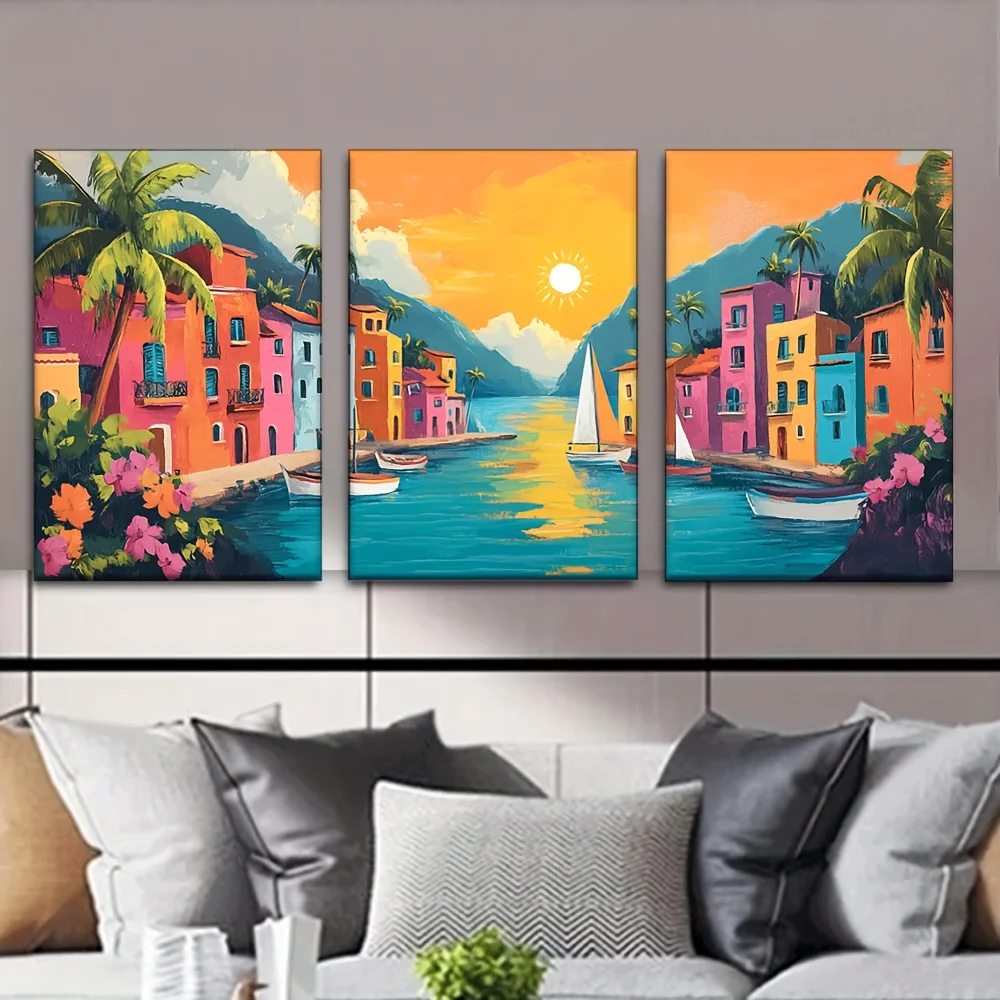 (No frame)2D Flat, 3pcs/set, Canvas Painting--Unframed, Cartoon Landscape Painting, Artist Drawing Set, Living Room, Library,