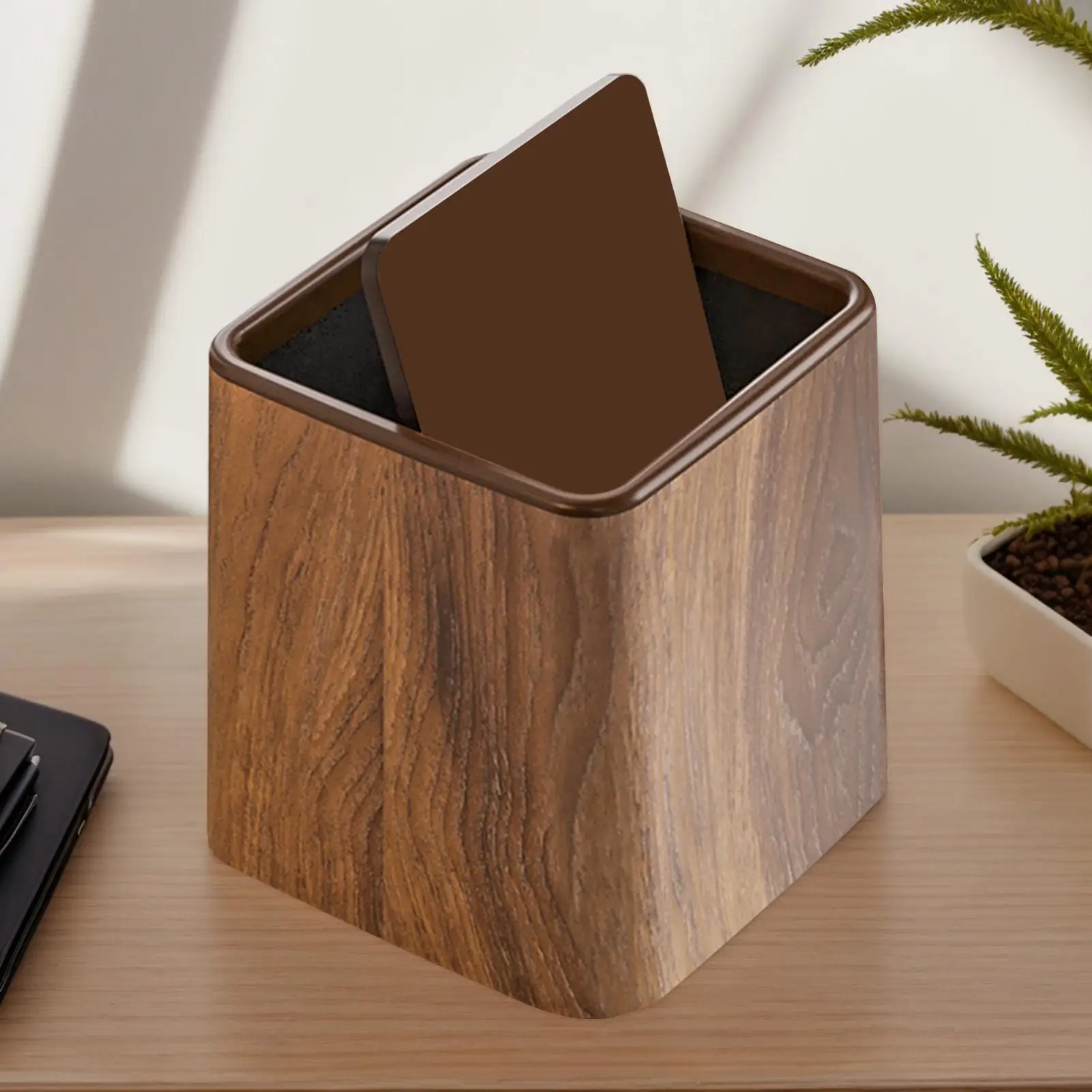 Schreibtisch-Mülleimer mit Holzmaserung und Deckel, kleiner Mülleimer, platzsparender Aufbewahrungsbehälter, Schreibtischzubehör für Schlafzimmer