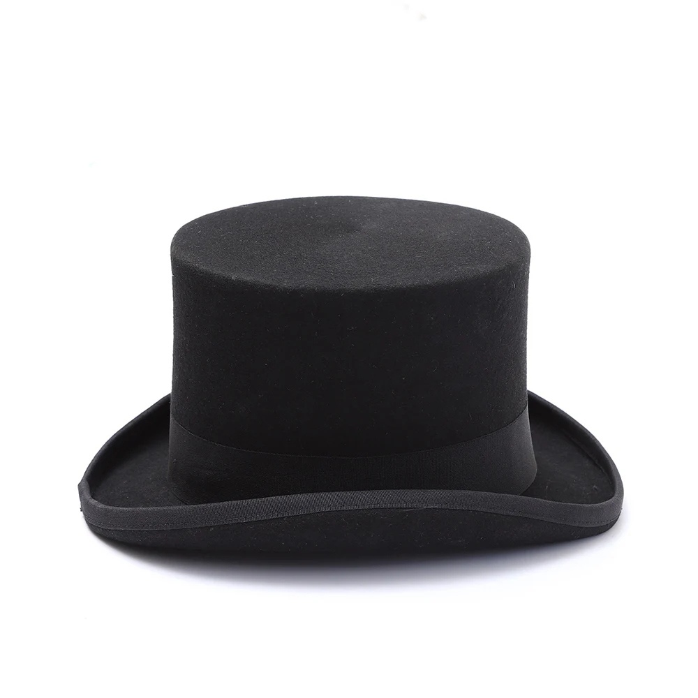 British Black Wool Felt Top Hat Men Big Head Satin Lined Cylinder Hat 14 cm