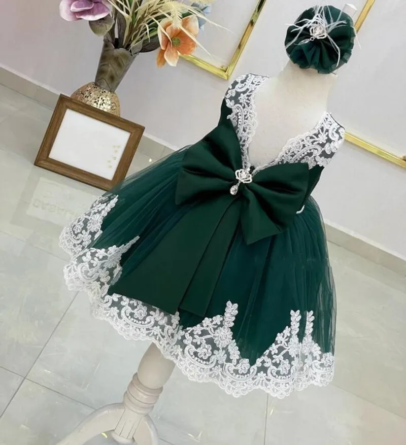 Abito da compleanno per neonate in pizzo bianco Tulle verde smeraldo abiti da ballo per feste infantili per bambini vestito da ragazza di fiori