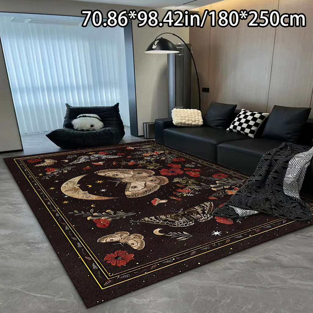 VIKAMA Living Room Home Rug Dark Gothic Moth Moon Star Botanical Mushroom Floral Pattern Anti‑Slip Washable Indoor Floor Mat