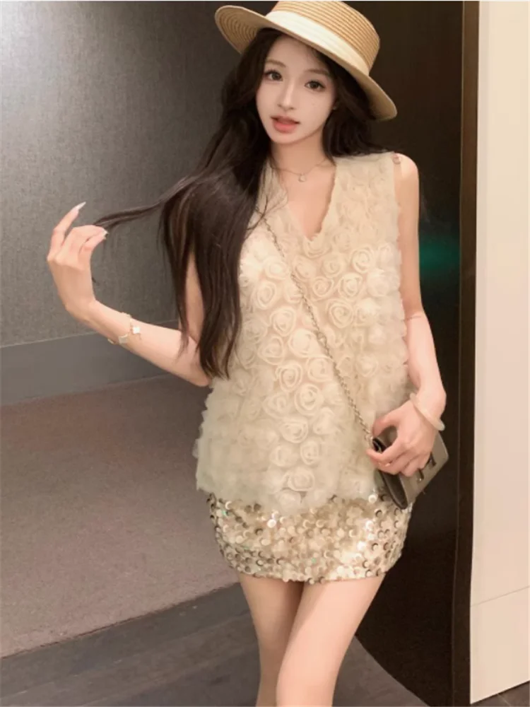 Celebrity Elegante Donna 2 Pezzi Set di Abiti con Scollo a V 3d Fiore di Rosa Maglia Canotta e Mini Una Linea di Paillettes Gonna chic 2 Pezzi Abiti