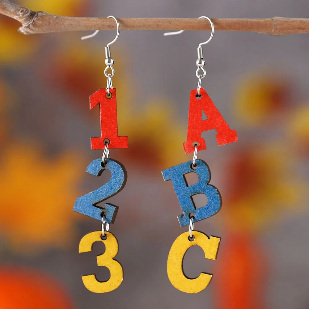 3D Apple Textbook Earrings for the Opening Season Wooden Color Painting Love Book Number Letter Tassel Teacher Student Earrings