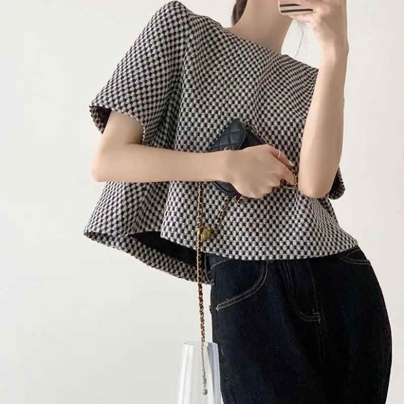 Mujer Graphic T Shirts Vintage Loose Fitting Short Sleeved Plaid Top Grunge Clothes Y2k Harajuku Aesthetic Tees T-shirts A554