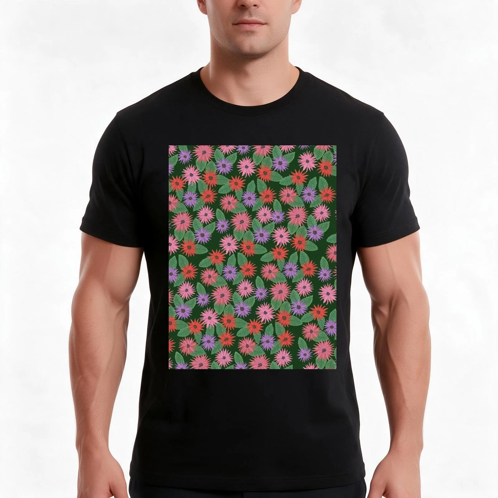 Floral pattern with dark green background T-Shirt, Classic Crew Neck Shirt, Breathable Cotton Everyday Tee