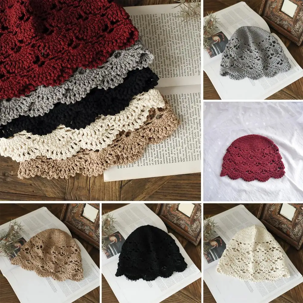 Hollow Out Mesh Lace Knitted Flower Cap Korean style Solid Color Elastic Breathable Anti-slip Crochet Retro Fashion Pullover Hat
