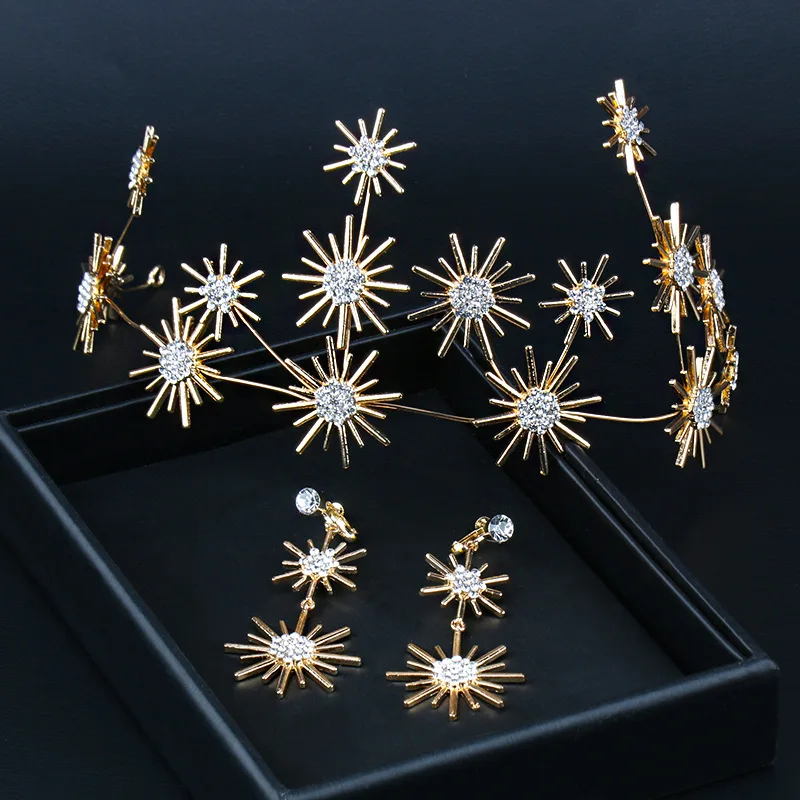 2pcs Trendy Gold Silver Color Hairbands Earrings Set Sunshine Tiaras Crowns Wedding Hair Accessories Crystal Headbands
