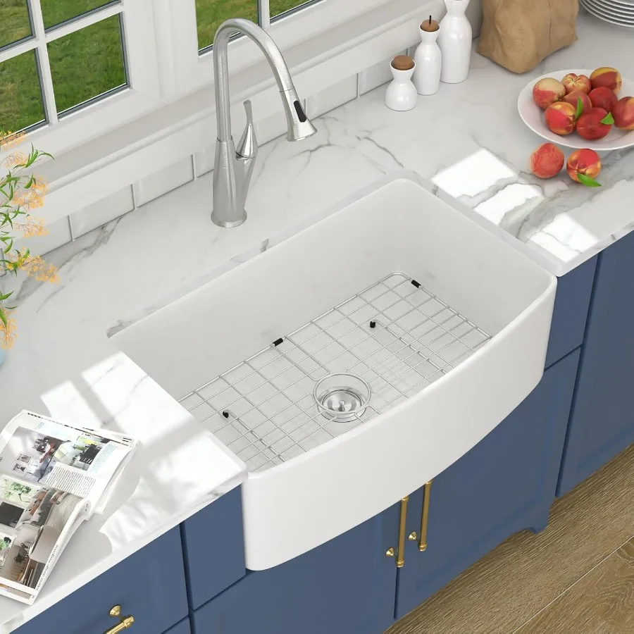

30 White Farm Sink 30x19 inch Farmhouse Sink White Fireclay Ceramic Porcelain Curved Apron Front Single Bowl Farm Kitchen Sinks