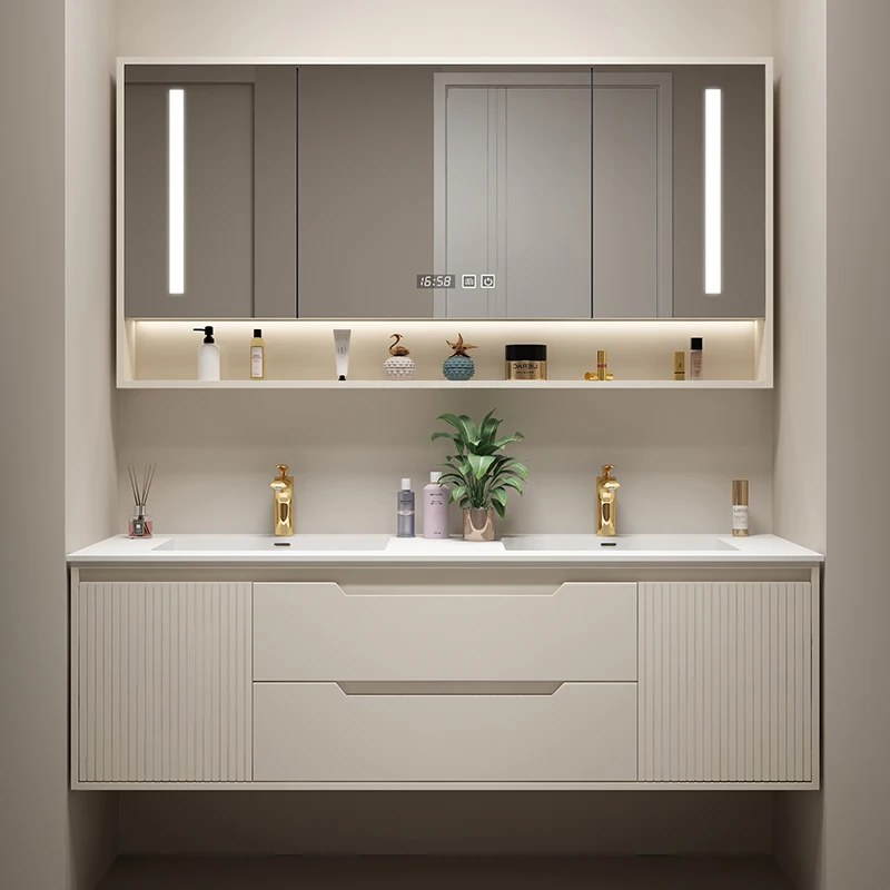 Rock board bathroom cabinet combination double basin light luxury oak seamless basin sink