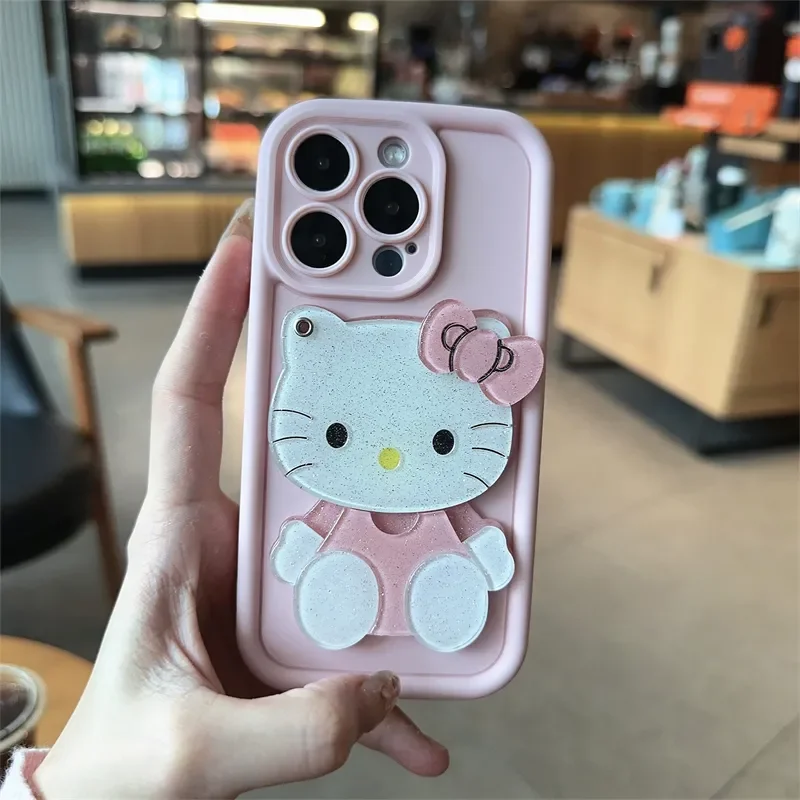 الوردي مرحبا كيتي Kawaii مرآة لوضع مساحيق التجميل جراب هاتف آيفون 16 15 14 13 12 11 ProMax XR XSMAX 7 8Plus فتاة صغيرة Y2K غطاء لطيف