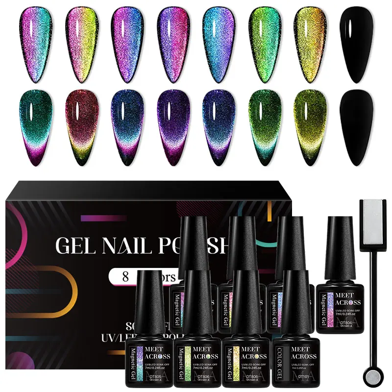 

MEET ACROSS 9D Cat Magnetic Gel Nail Polish Set With Magnetic Stick Rainbow Soak Off UV Gel LED Nail Art Varnish For Nails