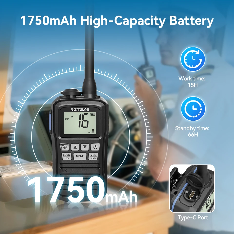 Retevis RM01P IP67 Walkie Talkie Tahan Air Baterai Tahan Lama Radio Laut Portabel Tipe-c Desain Mengambang untuk Berperahu Memancing
