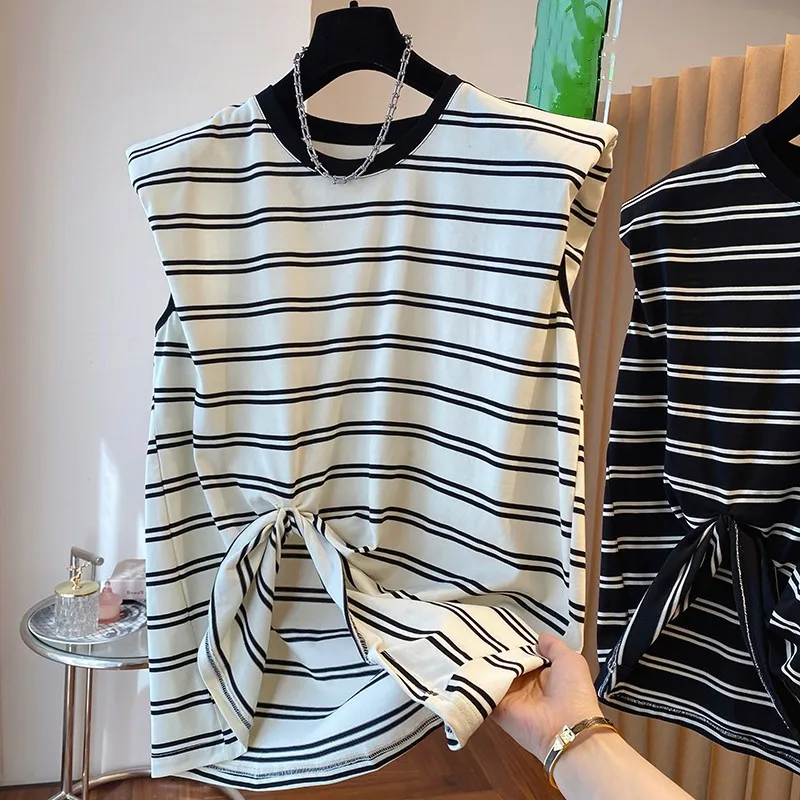 T-shirts 2024 Design Sense Niche Short Sleeved Loose Casual Shoulder Pad Top Stripe Sleeveless  Graphic Tops Y2k Tee