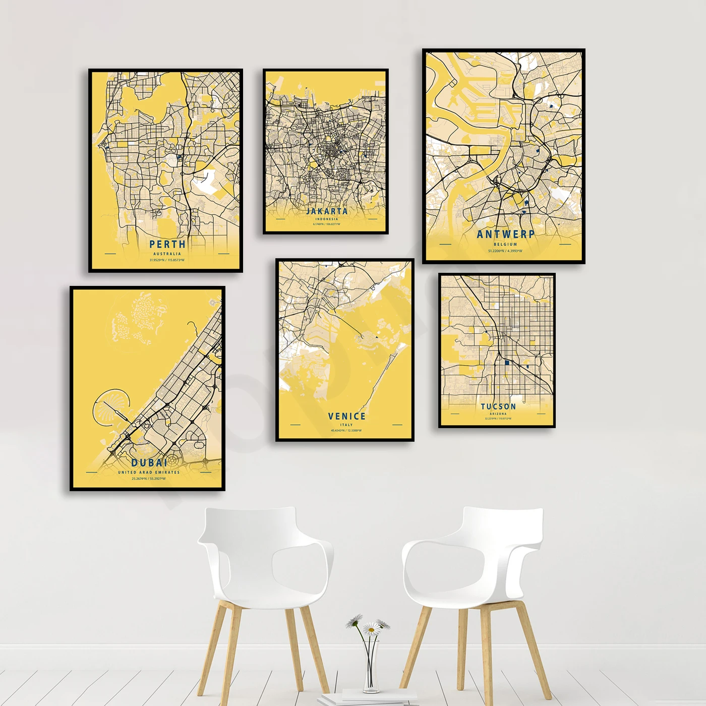 Mesa Arizona Seattle .Venice Dubai Brisbane Johannes Oklahoma Indonesia Oakland Antwerp Perth . City Color Map Poster