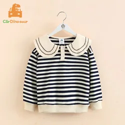 2025 Autumn Spring 2 3 4 5 6 7 8 9 10 Years Casual Long Sleeve Peter Pan Collar Cotton Striped Sweatshirts For Kids Baby Girls