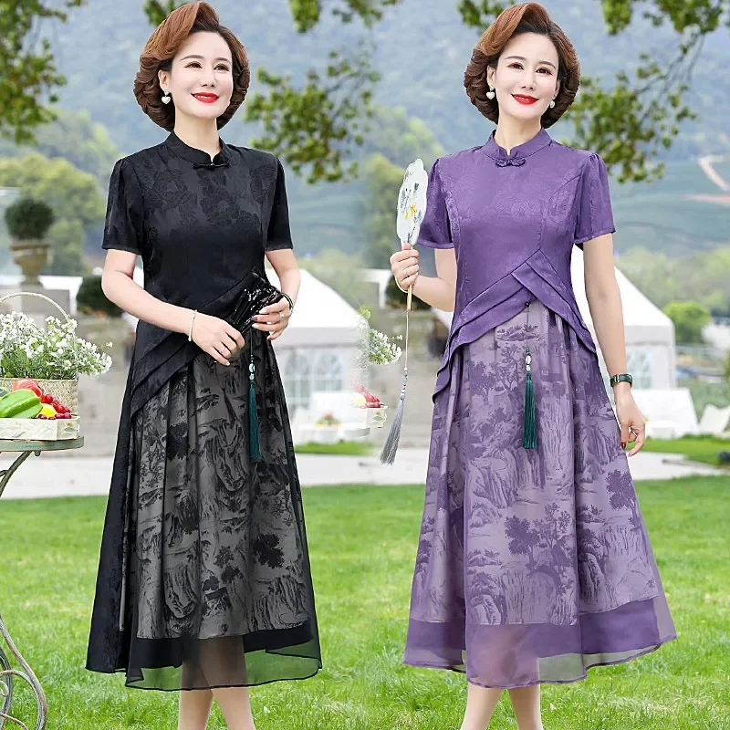 

Middle-aged Woman Cheongsam Collar Casual Chiffon Dress Women Short Sleeve Beach Women's Dress Silk Patchwork Midi Dresses Z425