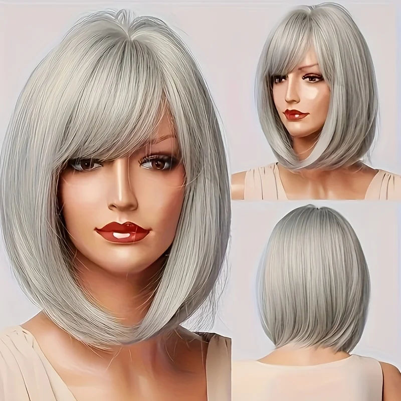 

Серо-белый парик средней длины из высокотемпературного синтетического волокна, термостойкий, с нескользящей внутренней основой и розовым вкладышем