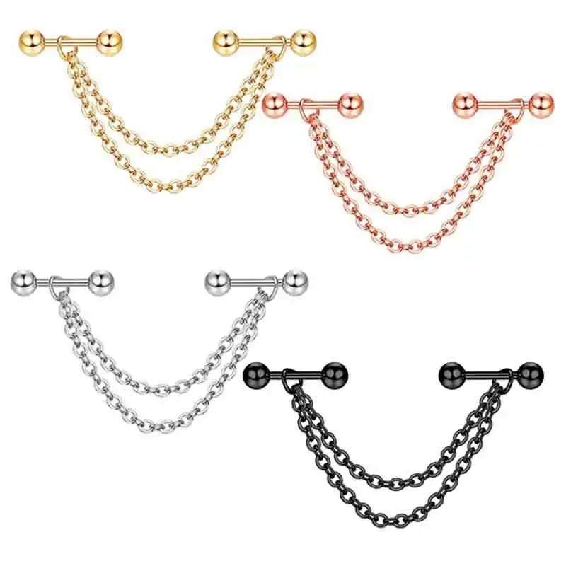 

Chain stainless steel Punk Ball Stud Cartilage Ear Wrap Double Chain Piercing Earring Unisex Silver Black Gold Tragus helix Body