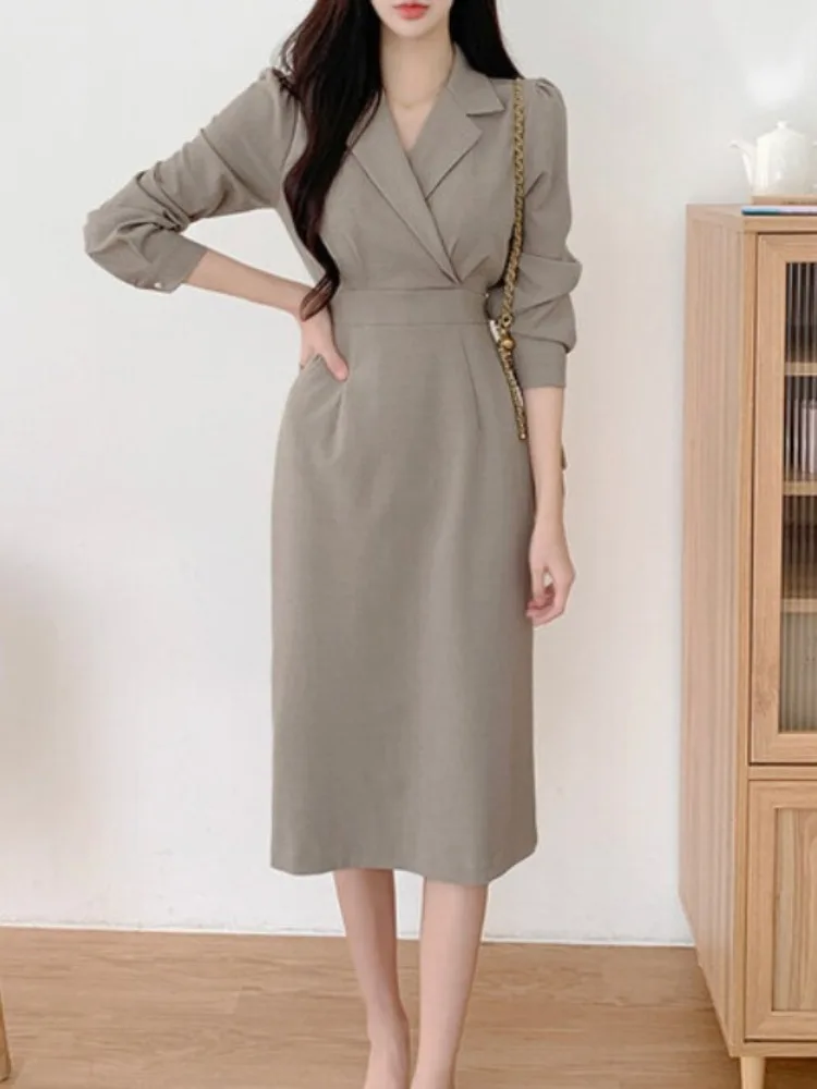 Ele automne longue Sve minceur Midi Dr femmes costume col taille cintrée jupe moulante Dr trajet convivial