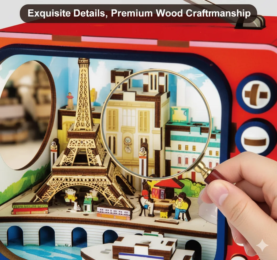 DIY Houten TV Puzzel Model 89PCS Handgemaakte Retro Montage Speelgoed Met Verlichting Architectonisch Ornament Cadeau Voor Volwassenen Kids Decor