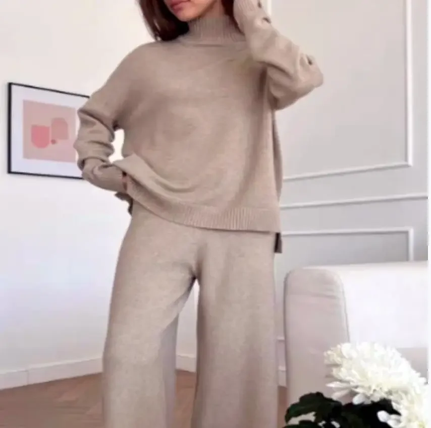 Two Piece Sets Women Pants Set Knitted Turtleneck Full Sleeve Casual Loose Tops Wide Leg Long Pant Elastic Waist Elegant Splice