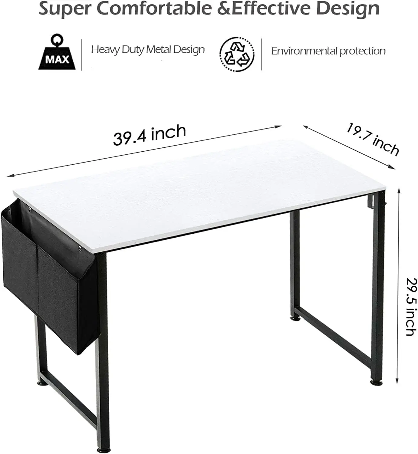 Computertisch, weißer Schreibtisch, geeignet für das Heimbüro kleiner Raum, 39-Zoll-modernes Arbeitszimmer, mit Aufbewahrungstaschenhaken