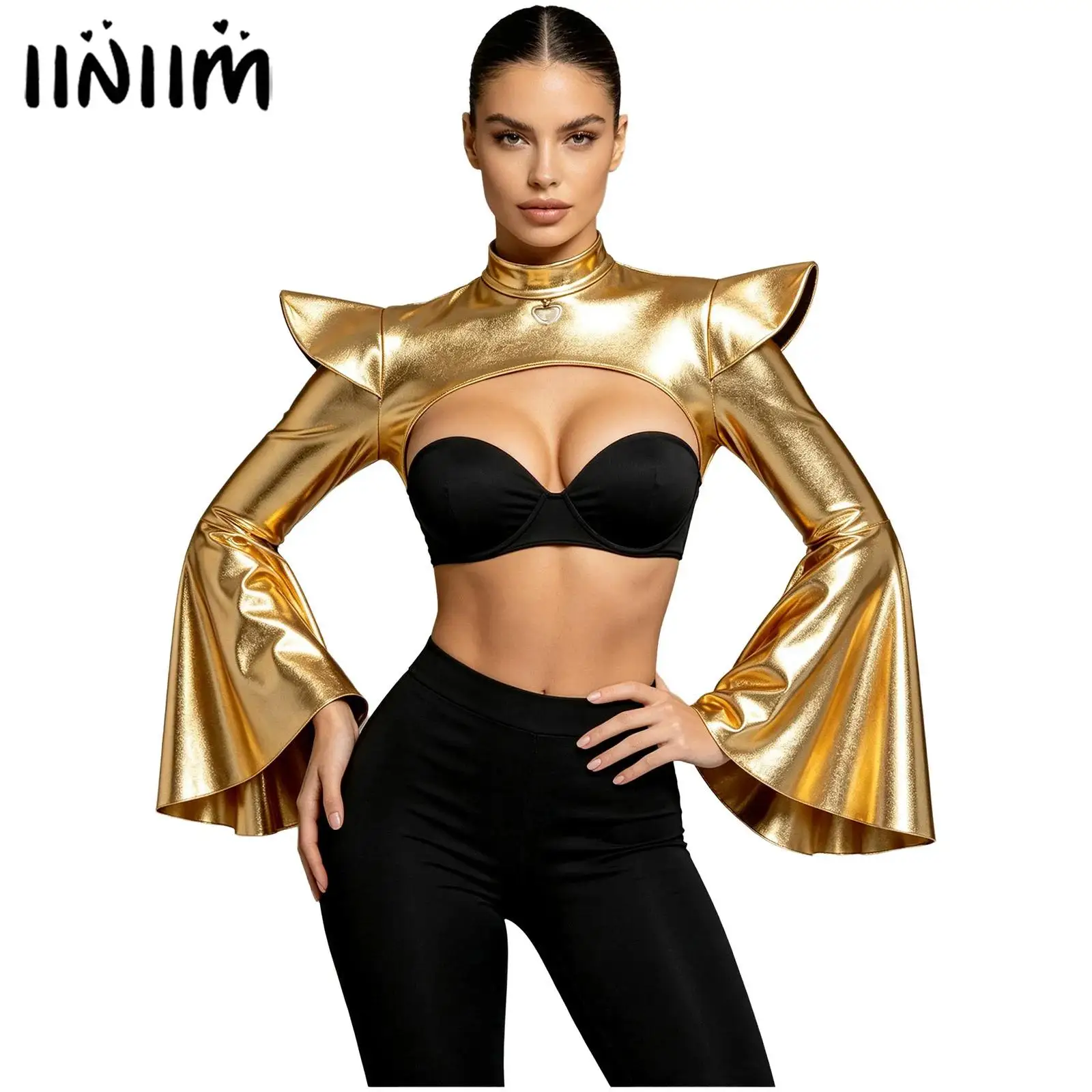 Womens Gothic Tops Metallic Shrug Split Flared Sleeve Back Invisible Zipper Crop Top Theme Party Halloween Performance Costume