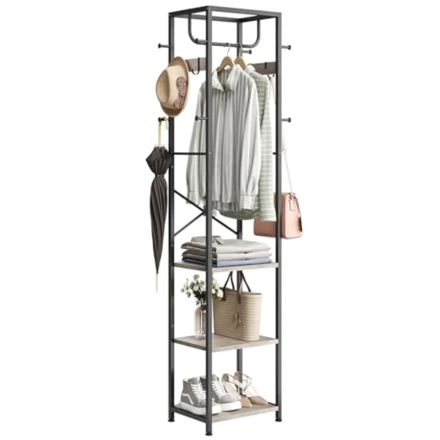 

Coat Rack Freestanding Hall Tree with 3 Storage Shelves and 12 Hooks Industrial Clothes Rack Stand Organizer for Bedroom Hallwa